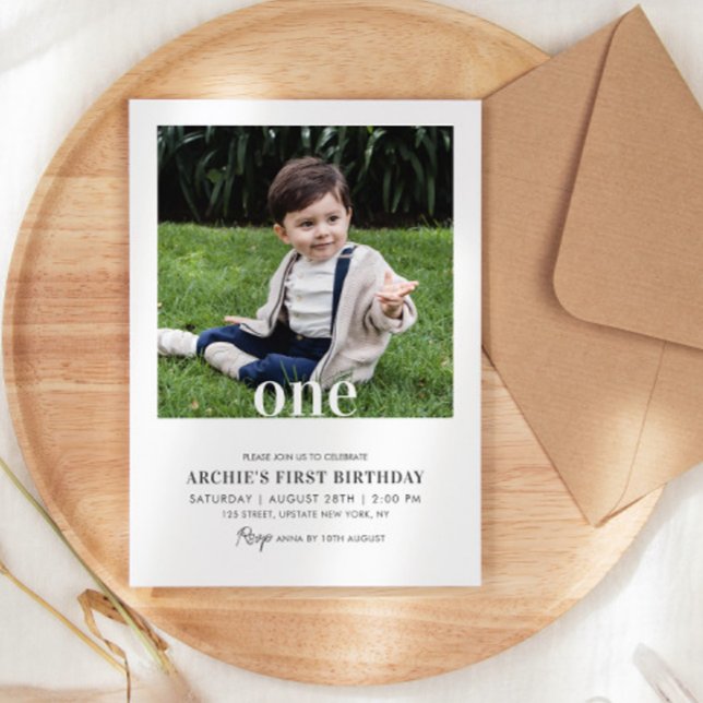 Invitación Foto editable de primer cumpleaños foto mínima de  (1st birthday boy invitations simple modern photo template )