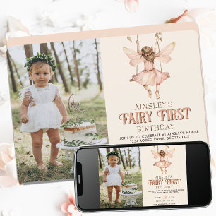Invitación Foto editable Rubor Pink Fairy First Birthday
