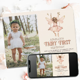 Invitación Foto editable Rubor Pink Fairy First Birthday