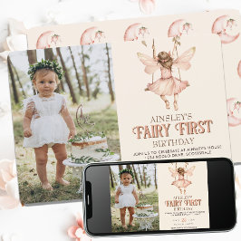 Invitación Foto editable Rubor Pink Fairy First Birthday