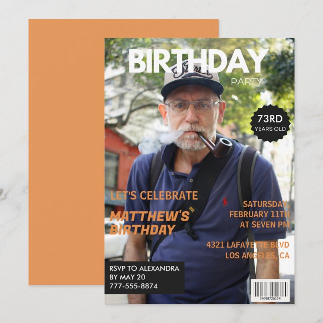 Invitación Foto editorial de revista divertida cumpleaños 73 (Anverso / Reverso)