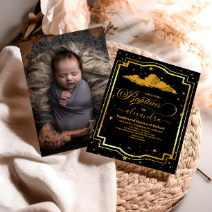 Invitación Foto Elegante Bautismo Celestial de Oro Negro