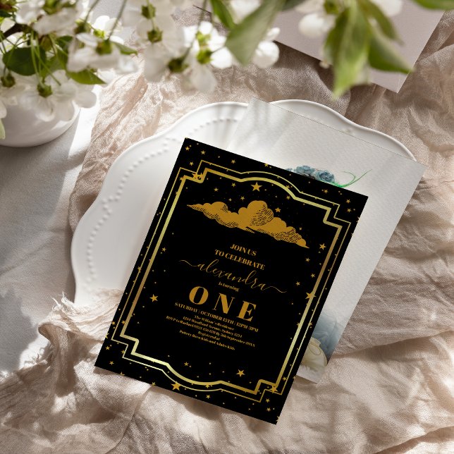 Invitación Foto Elegante Celestial de Oro Negro Primer Cumple (Subido por el creador)