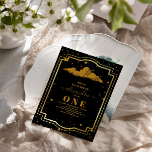 Invitación Foto Elegante Celestial de Oro Negro Primer Cumple