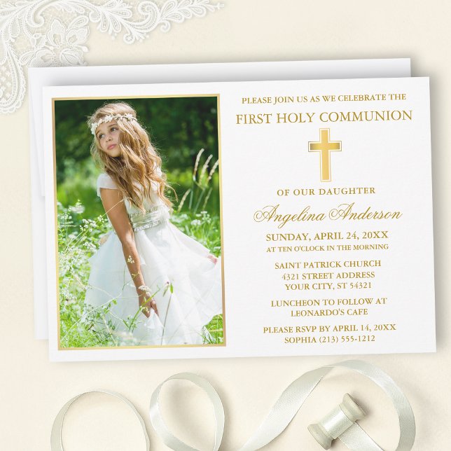 Invitación Foto elegante de oro de la primera comunión (Customize to change text size, text style or color.)