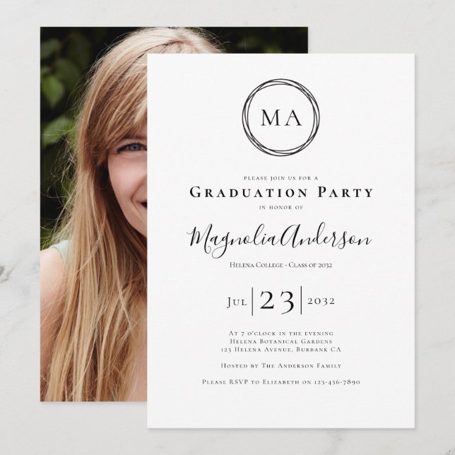 Invitación Foto Elegante fiesta de graduación en Monograma (Anverso / Reverso)
