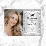 Invitación Foto Elegante Silver 50 cumpleaños<br><div class="desc">Elegante invitación femenina de 50 años con tu foto. Diseño de vidrio con falsa plata purpurina. Incluye rayas, letra de guión y confeti. Perfecto para un elegante fiesta de celebración de cumpleaños. Personaliza con tus propios detalles. ¡Se puede personalizar para cualquier edad! Invitaciones Zazzle impresas o una plantilla imprimible digital...</div>