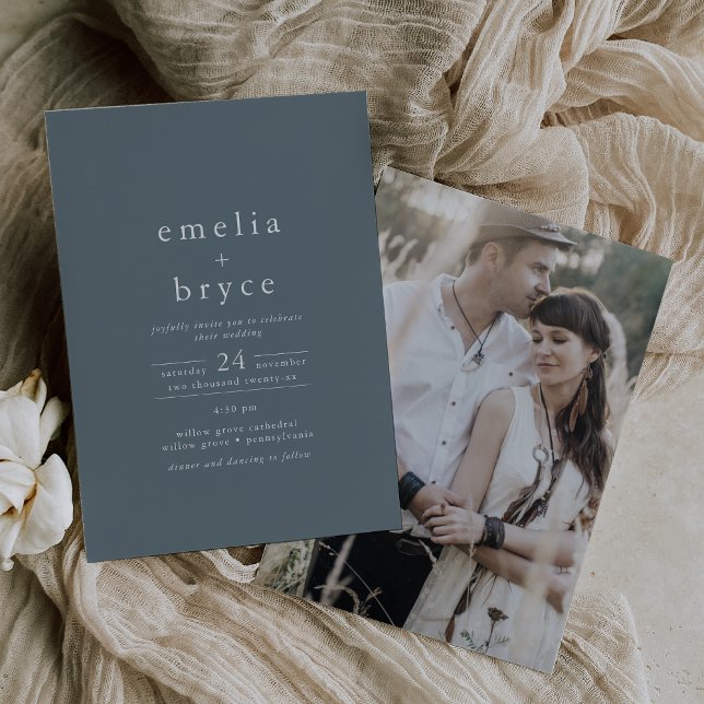 Invitación Foto EMELIA: Marina Azul oscuro, simple matrimonio (EMELIA Photo Dark Blue Navy Simple Vintage Wedding Invitation)