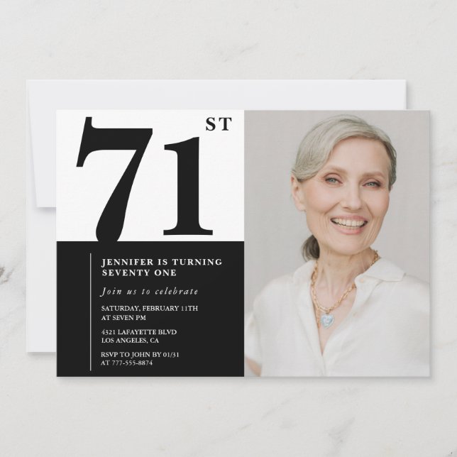 Invitación Foto en Blanco y Negro Chic Cumpleaños 71 (Anverso)