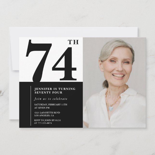 Invitación Foto en Blanco y Negro Chic Cumpleaños 74 (Anverso)