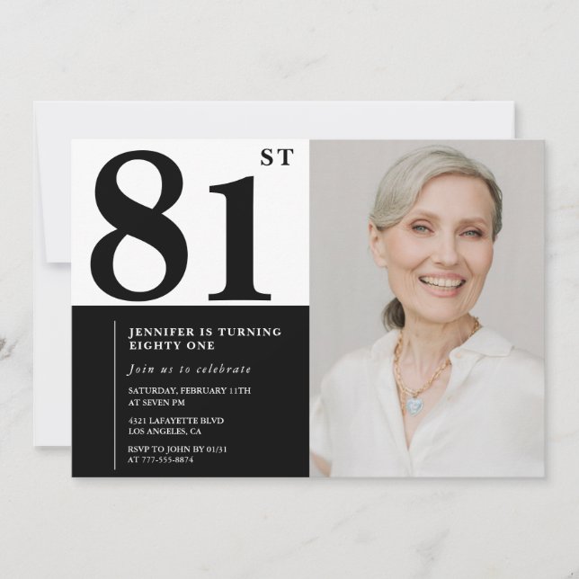 Invitación Foto en Blanco y Negro Chic Cumpleaños 81 (Anverso)