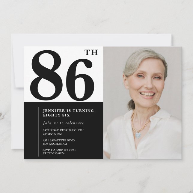 Invitación Foto en Blanco y Negro Chic Cumpleaños 86 (Anverso)