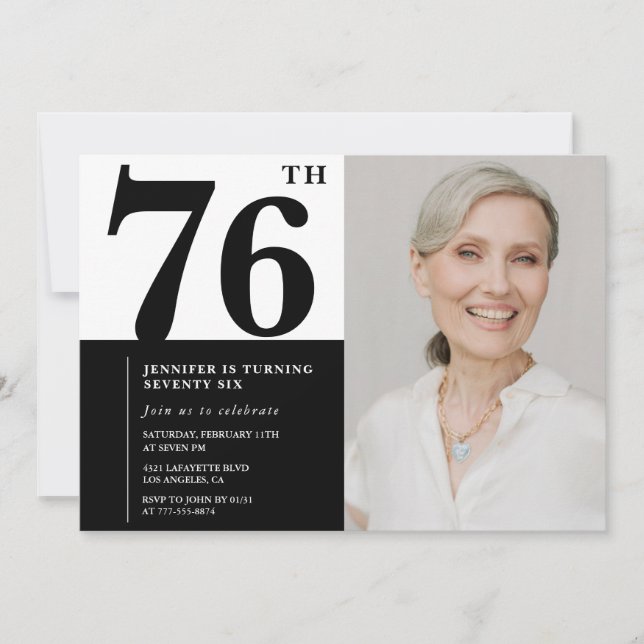 Invitación Foto en Blanco y Negro Chic para 76 Cumpleaños (Anverso)