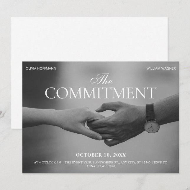 Invitación Foto en blanco y negro sosteniendo la mano comprom (Anverso / Reverso)