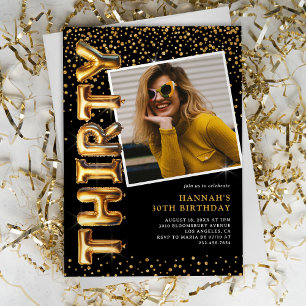 Invitación Foto en Negro y Dorado Cumpleaños 30