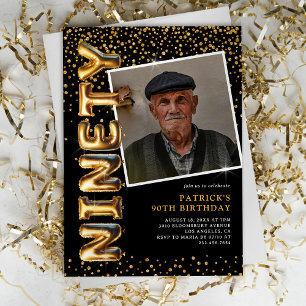 Invitación Foto en negro y dorado Cumpleaños 90
