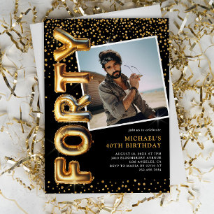 Invitación Foto en negro y dorado para cumpleaños 40