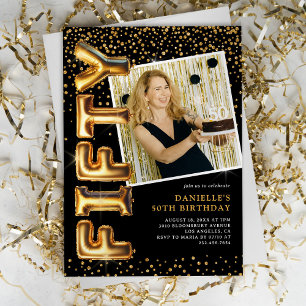 Invitación Foto en negro y dorado para cumpleaños 50