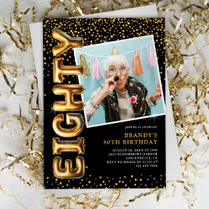 Invitación Foto en negro y dorado para cumpleaños 80