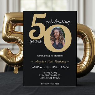 Invitación Foto en negro y oro 50 Cincuenta años 50 cumpleaño
