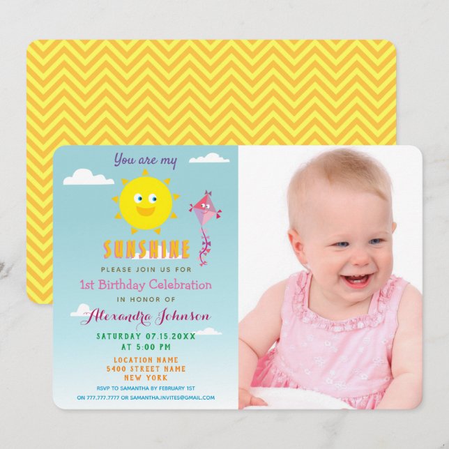 Invitación Foto Eres mi Sol, Niña 1er Cumpleaños (Anverso / Reverso)