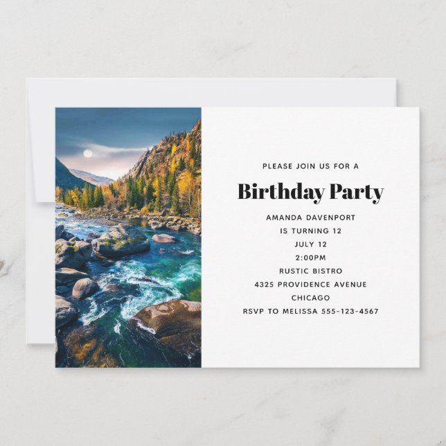 Invitación Foto escénica de cumpleaños de río y montañas (Anverso)