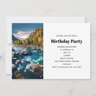 Invitación Foto escénica de cumpleaños de río y montañas