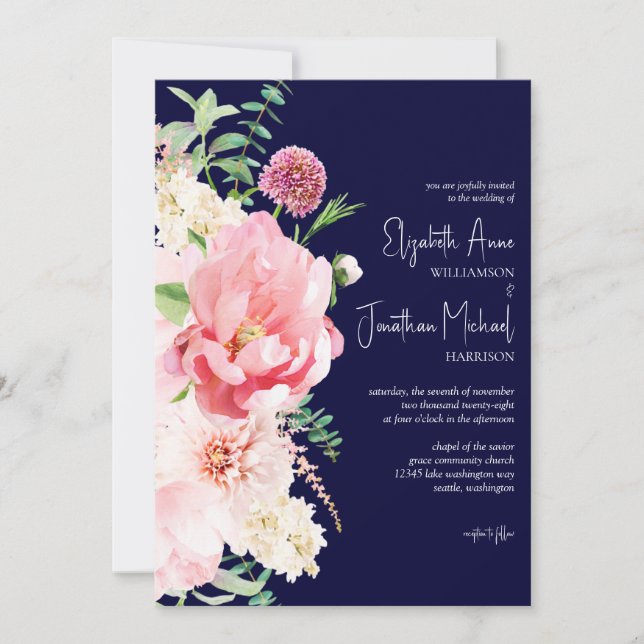 Invitación Foto: escritura de estilo floral rosa Rubor de la  (Anverso)