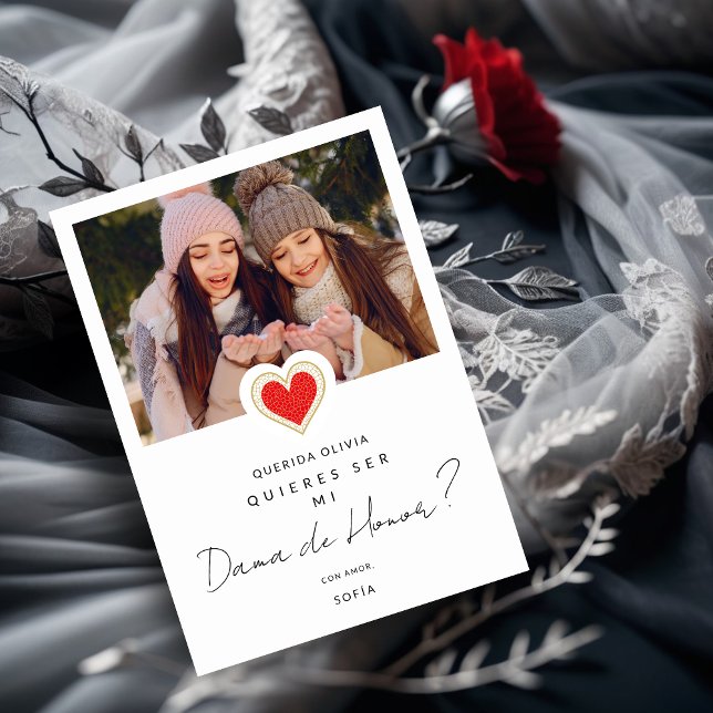 Invitación Foto española de Dama de Honor Quinceañera (Spanish Fancy Cute Photo Dama de Honor Quinceañera Red Heart Proposal Card. )