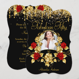 Invitación Foto Fabulosas 50 Rosas Rojas Brillantes Doradas