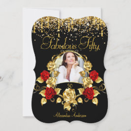 Invitación Foto Fabulosas 50 Rosas Rojas Brillantes Doradas