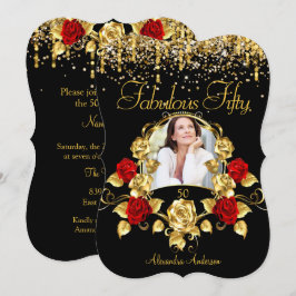 Invitación Foto Fabulous 50 Fiestas Red Roses Purpurina Gold