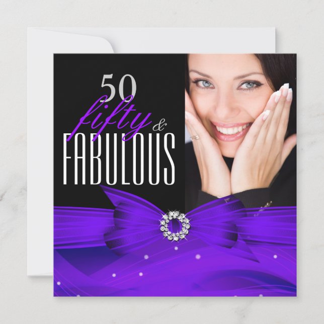 Invitación Foto Fabulous 50 Purple Diamond Birthday Party (Anverso)