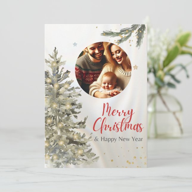 Invitación Foto familiar de navidades con árbol y feliz año n (Anverso de pie)