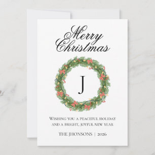 Invitación Foto Feliz Navidad Corona Monograma Burdeos