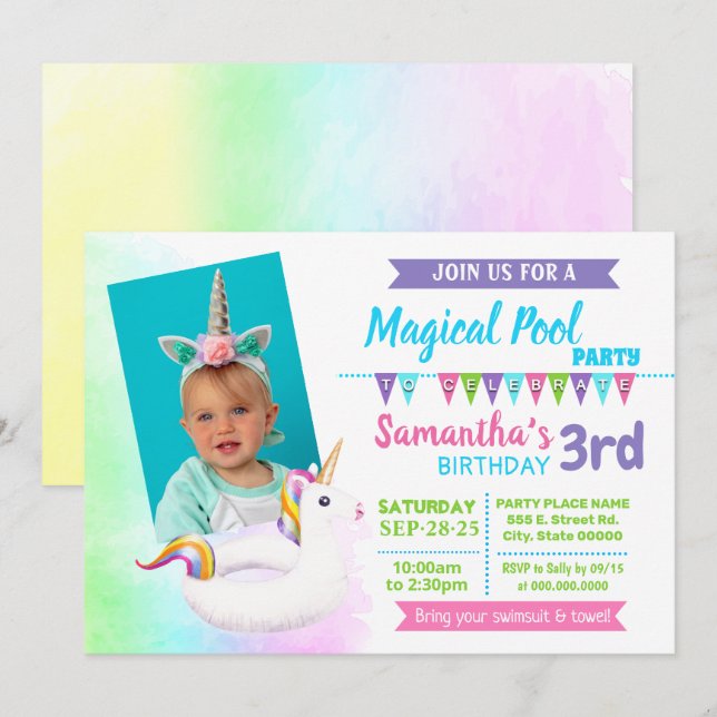 Invitación Foto: fiesta de cumpleaños de verano de la piscina (Anverso / Reverso)