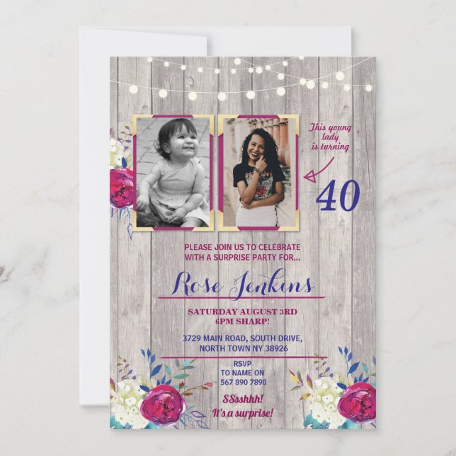 Invitación Foto Fiesta de cumpleaños Floral Purple Wood 2 imá (Anverso)