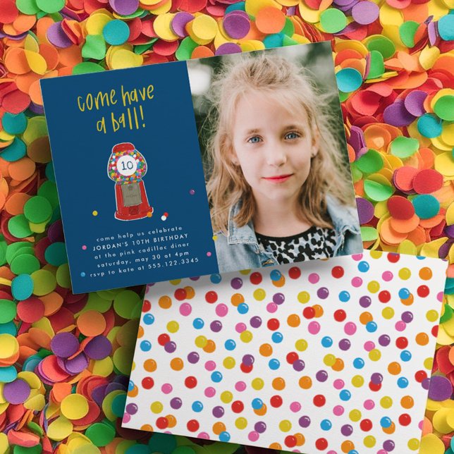 Invitación Foto: Fiesta de Goma de Bombilla de Candy, Máquina (Photo Red Gumball Machine Candy Bubble Gum Party Invitation)