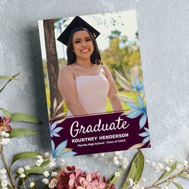 Invitación Foto floral azul borgoña Partido de Graduación (Burgundy blue brown floral photo Graduation Party)