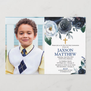 Invitación Foto floral azul de Boy First Holy Communia