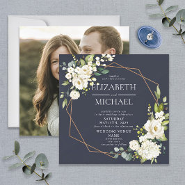 Invitación Foto floral azul de la Marina Geométrica de Cobre