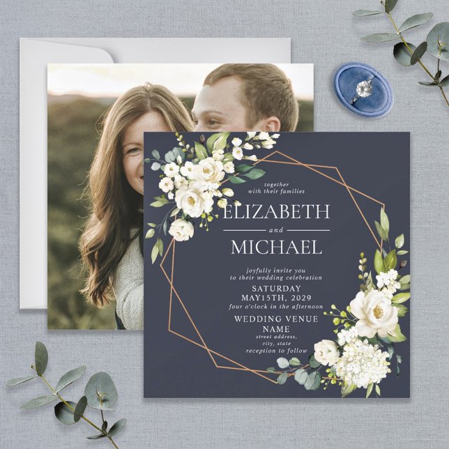 Invitación Foto floral azul de la Marina Geométrica de Cobre  (Subido por el creador)