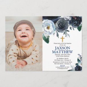 Invitación Foto floral azul de las acuarelas del bautismo del