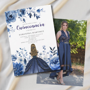Invitación Foto Floral azul de Quinceañera