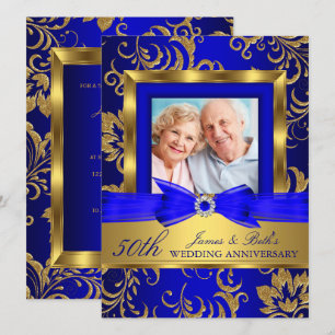 Invitación Foto floral azul dorado 50 aniversario de bodas