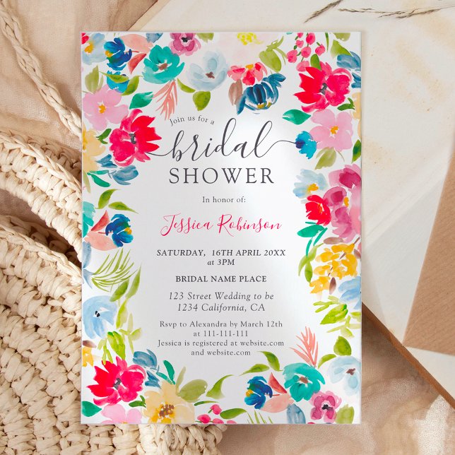 Invitación foto floral azul rojo bohemio ducha de novia (bohemian red blue floral photo bridal shower invitation)