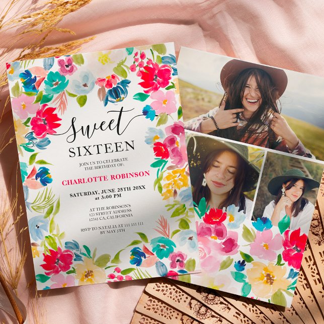 Invitación foto floral azul rojo bohemio Sweet 16 (bohemian red blue floral photo Sweet 16 Invitation)