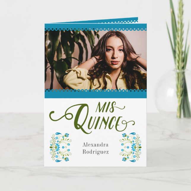 Invitación Foto floral azul tradicional mexicana Quinceanera (Anverso)