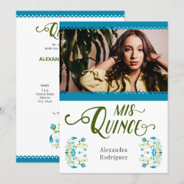 Invitación Foto floral azul tradicional mexicana Quinceanera
