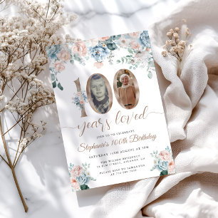 Invitación Foto floral azul y rosa 100 cumpleaños